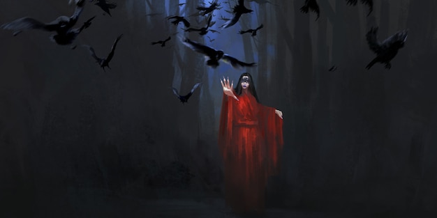 Bruja enmascarada, Ilustración de estilo oscuro.