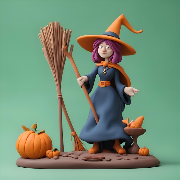 Foto gratuita bruja con escoba y calabazas ilustración 3d