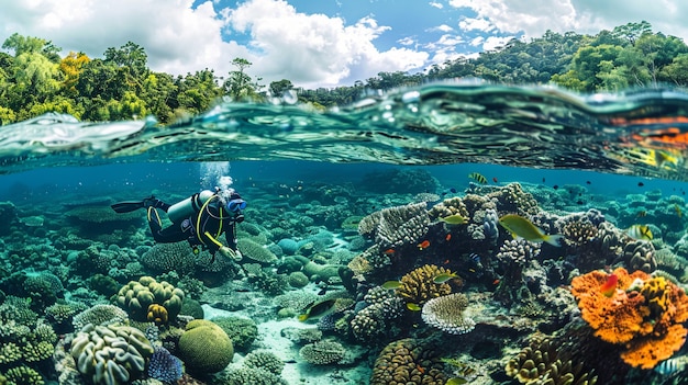 Buceador bajo el mar rodeado de naturaleza salvaje