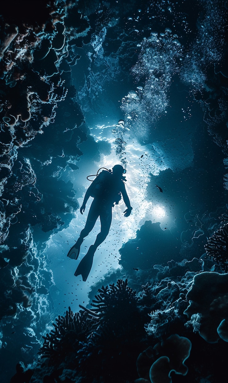 Foto gratuito buceador bajo el mar rodeado de naturaleza salvaje