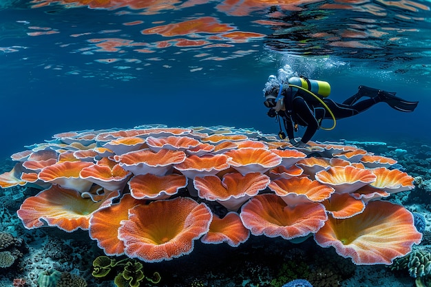 Buceador bajo el mar rodeado de naturaleza salvaje