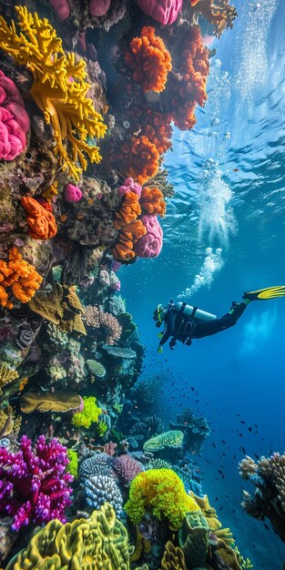 Buceador bajo el mar rodeado de naturaleza salvaje