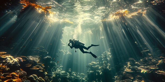 Buceador bajo el mar rodeado de naturaleza salvaje