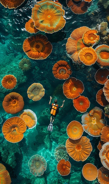 Foto gratuita buceador bajo el mar rodeado de naturaleza salvaje