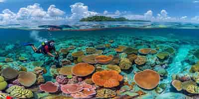 Foto gratuita buceador bajo el mar rodeado de naturaleza salvaje