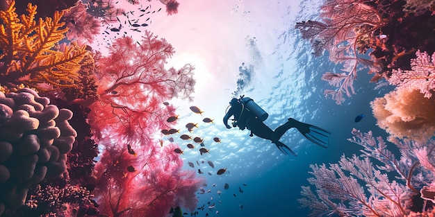 Buceador bajo el mar rodeado de naturaleza salvaje