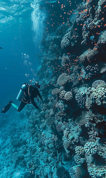 Buceador bajo el mar rodeado de naturaleza salvaje