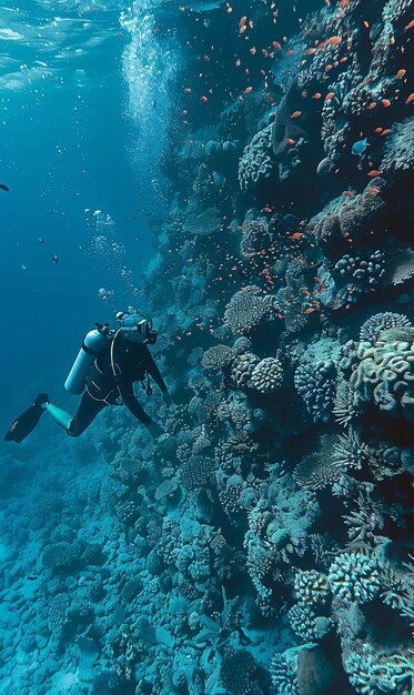 Buceador bajo el mar rodeado de naturaleza salvaje