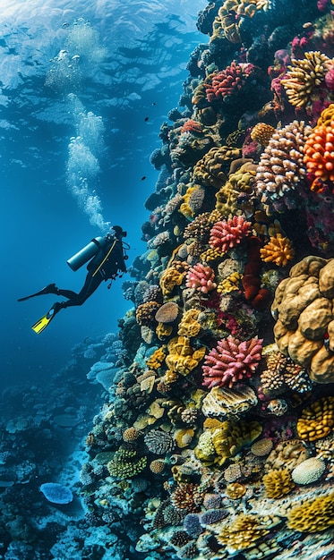 Buceador bajo el mar rodeado de naturaleza salvaje