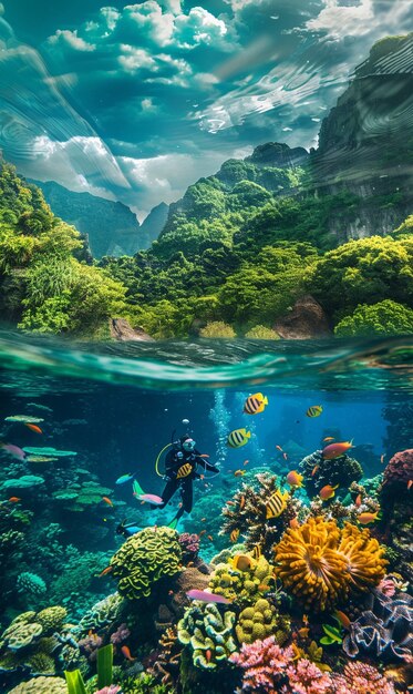 Buceador bajo el mar rodeado de naturaleza salvaje