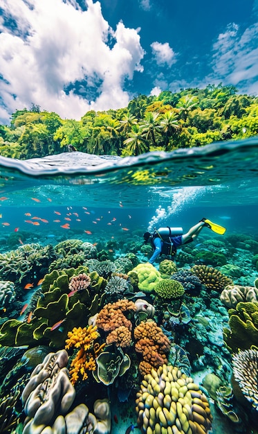 Buceador bajo el mar rodeado de naturaleza salvaje