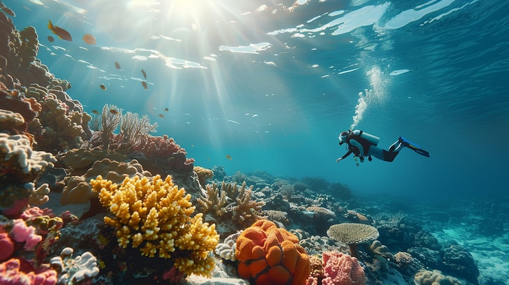Foto gratuito buceador rodeado de una hermosa naturaleza submarina