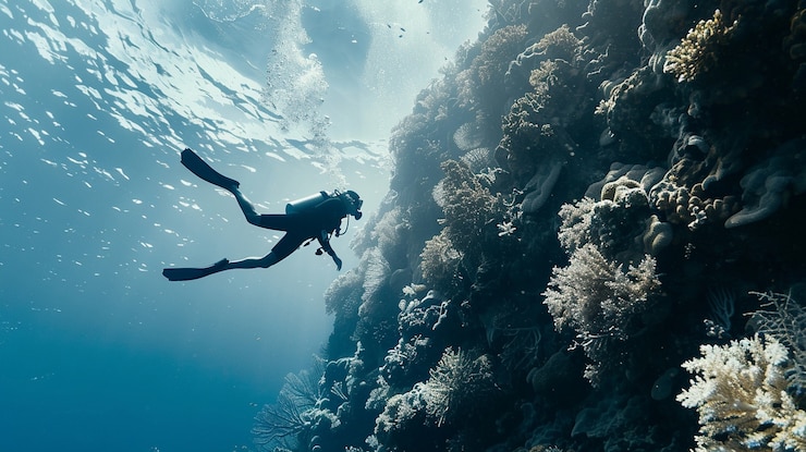 Foto gratuito buceador rodeado de una hermosa naturaleza submarina