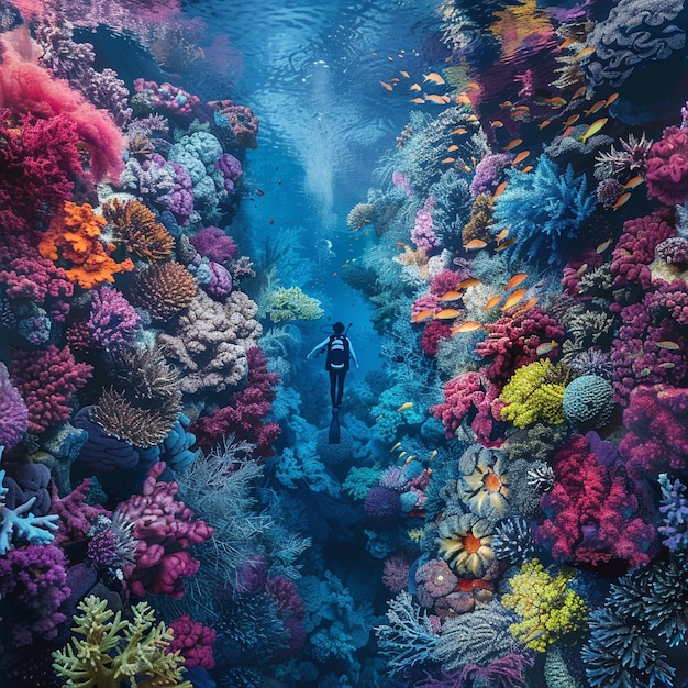 Buceador rodeado de una hermosa naturaleza submarina