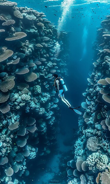 Buceador rodeado de una hermosa naturaleza submarina