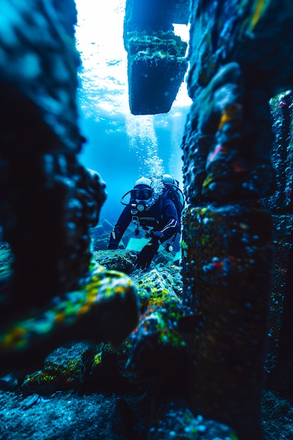 Foto gratuita buceo bajo el mar rodeado de ruinas de edificios arqueológicos