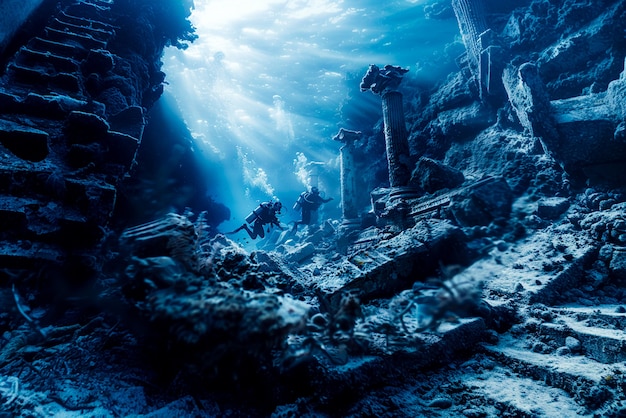 Foto gratuita buceo bajo el mar rodeado de ruinas de edificios arqueológicos