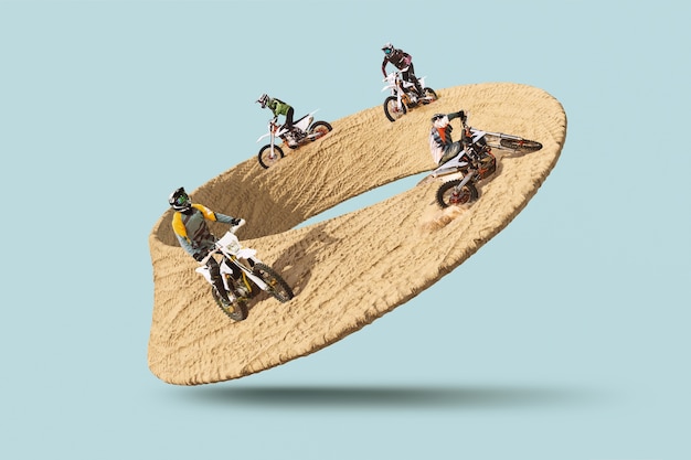 Bucle de bicicletas en collage de concepto de camino de tierra