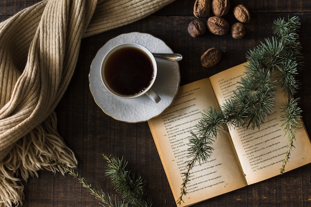 Bufanda y ramitas de coníferas cerca de té y libro