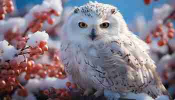 Foto gratuita el búho águila posado en una rama nevada mirando fijamente con ojos penetrantes generados por la ia