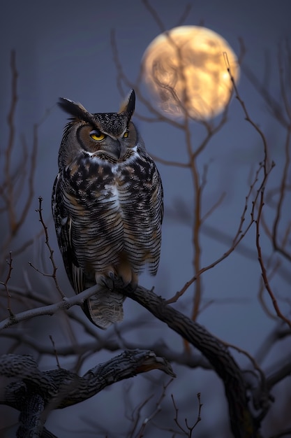 Foto gratuita el búho al aire libre en la naturaleza fría con una estética de ensueño