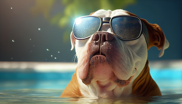 Bulldog de pura raza toma el sol con gafas de sol frescas al aire libre IA generativa