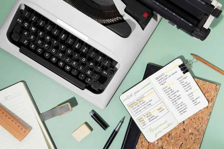 Photo Gratis bullet journal and keyboard  flat lay