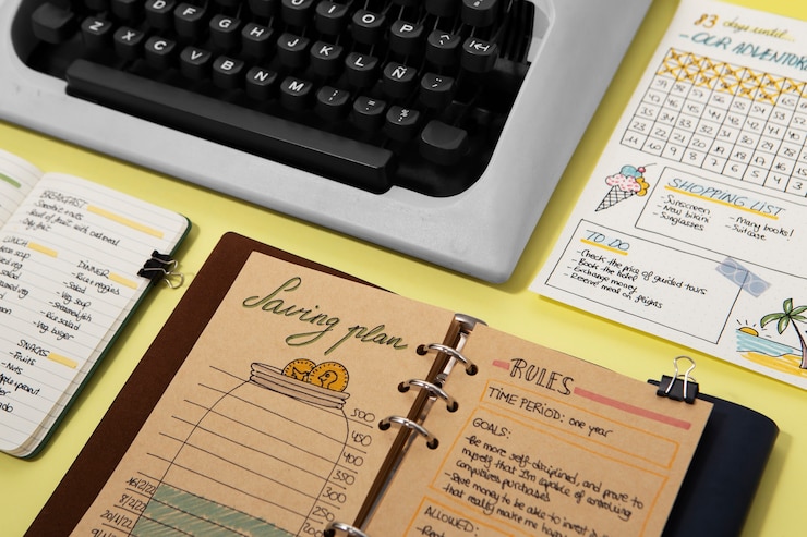 Foto gratuito bullet journal y artículos de escritorio de alto ángulo
