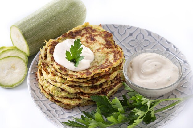 Buñuelos de calabacín con salsa de yogur aislado