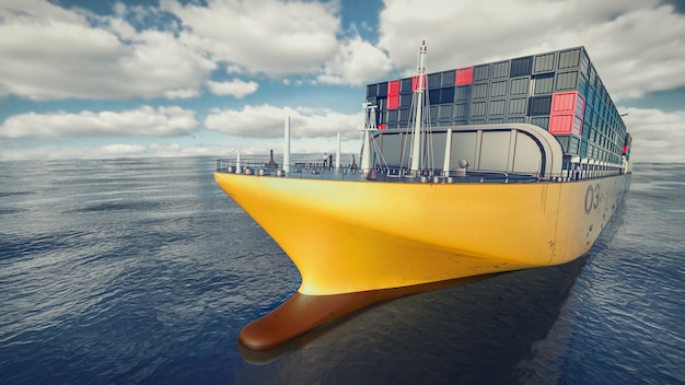 Buque de carga navegando en el mar. representación 3d e ilustración.