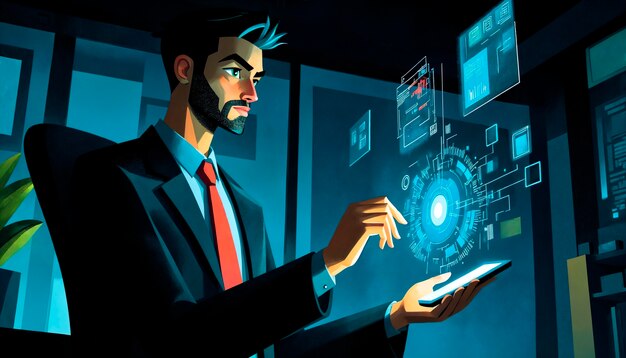 Businessman interacting with futuristic technology on a smartphone