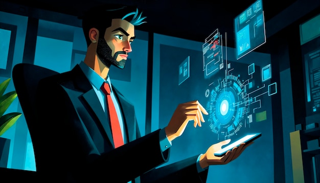 Businessman interacting with futuristic technology on a smartphone