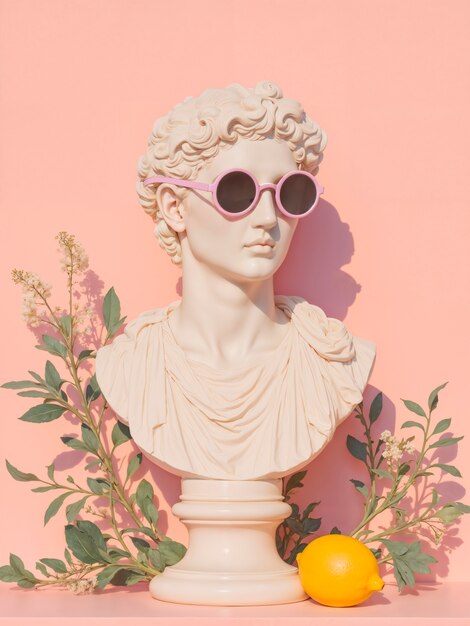 Busto griego con gafas de sol y limón
