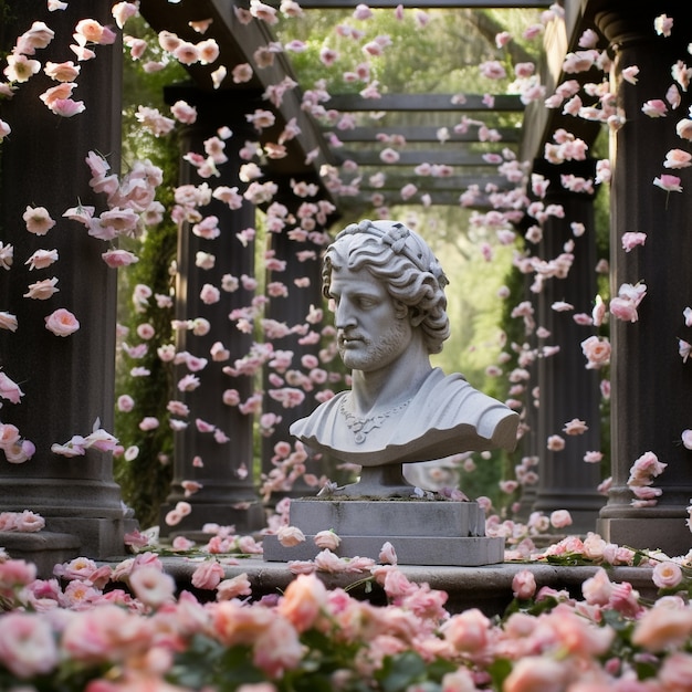 Busto griego rodeado de flores