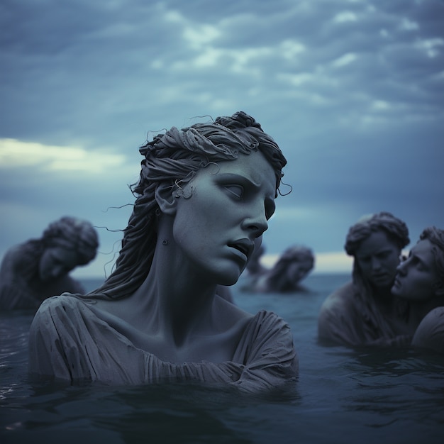 Bustos griegos flotando en el agua