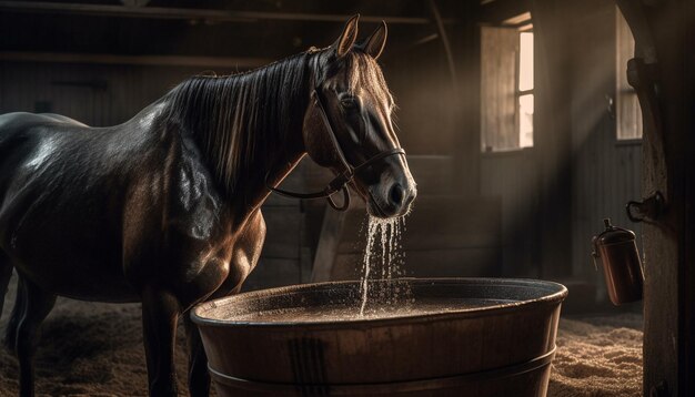 Foto gratuita caballo bebiendo agua de un balde en un granero