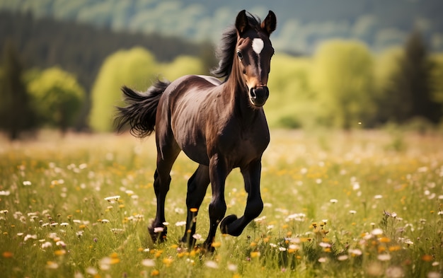 Caballo blanco corriendo en el pasto de flores