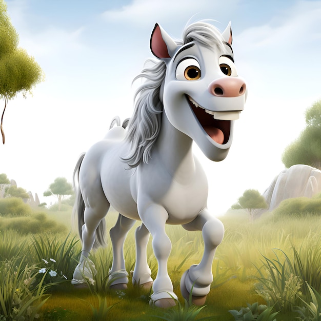 Foto gratuita caballo blanco de dibujos animados con ojos grandes y melena larga en el campo