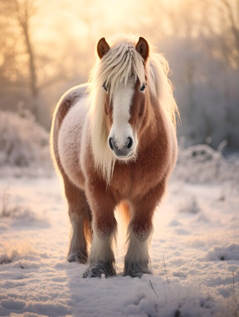 Caballo en la cima de una montaña nevada