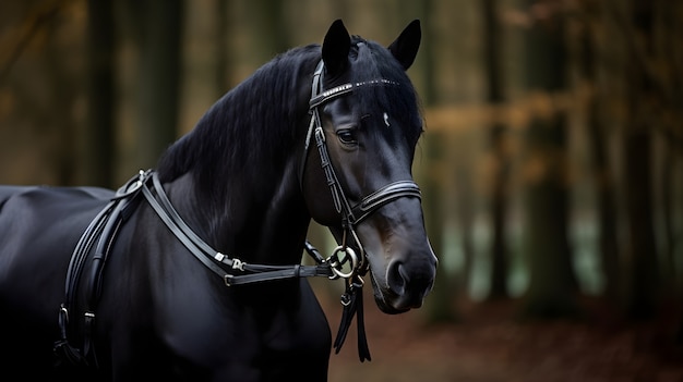 Caballo negro en el bosque