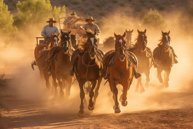 Caballos corriendo por la ciudad del viejo oeste