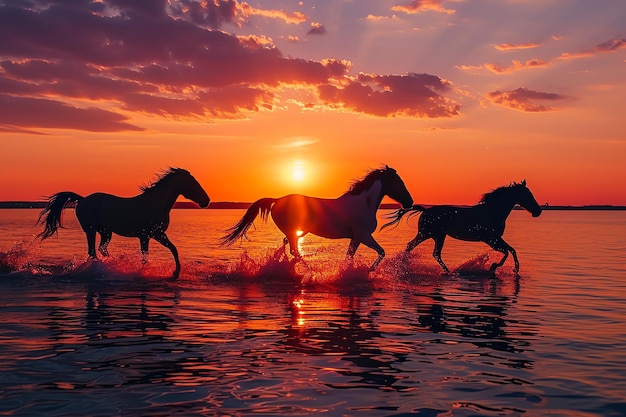 Foto gratuita los caballos galopan en la playa al atardecer generada por la ia