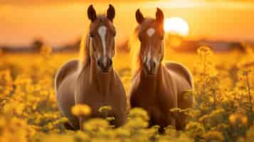 Foto gratuita los caballos se paran en medio de un campo de flores doradas durante la puesta de sol