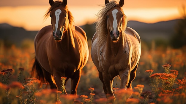 Los caballos se paran en medio de un campo resplandeciente con la luz dorada del anochecer