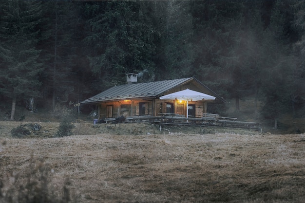 Cabaña por un bosque con textura de superposición de niebla