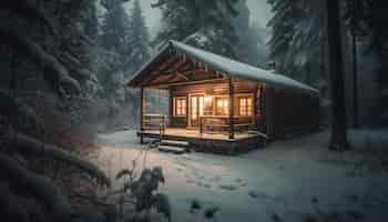 Foto gratuita cabaña iluminada en bosque nevado tranquilidad espeluznante generada por ia