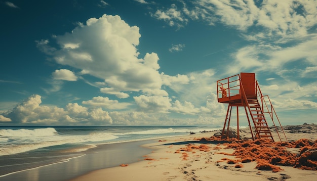 Foto gratuita cabaña de salvavidas en la playa de arena mar tranquilo cielo azul generado por inteligencia artificial