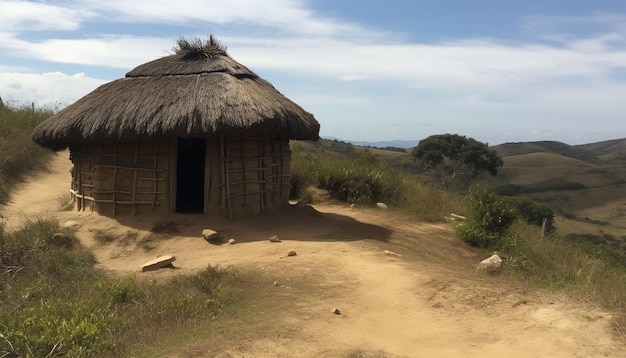 Foto gratuita cabaña con techo de paja en un lugar rústico de vacaciones en un prado africano generado por ia