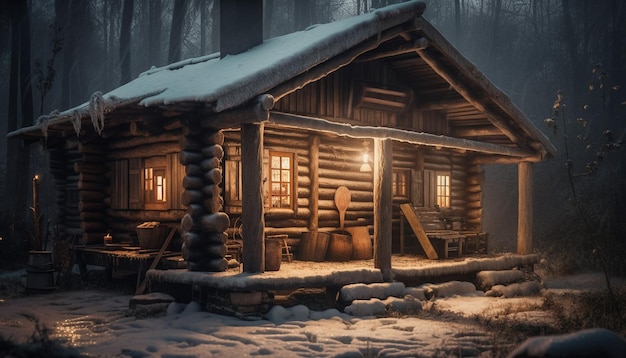 Cabaña de troncos en la noche del bosque nevado generada por IA