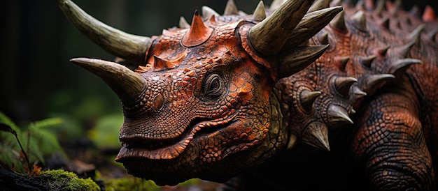 Cabeza de dinosaurio Triceratops en el bosque de cerca